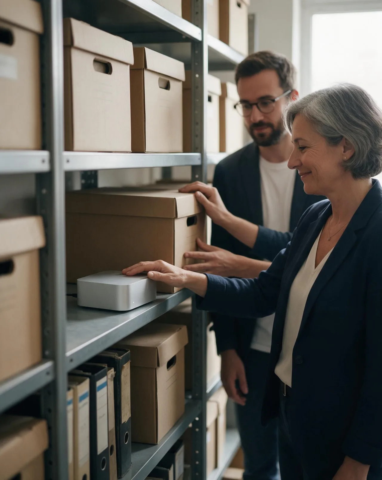 Dans une salle d'archives, une dirigeante sourit, la main posée sur un petit boîtier gris rangé entre les cartons ; un collaborateur replace une boîte à côté.