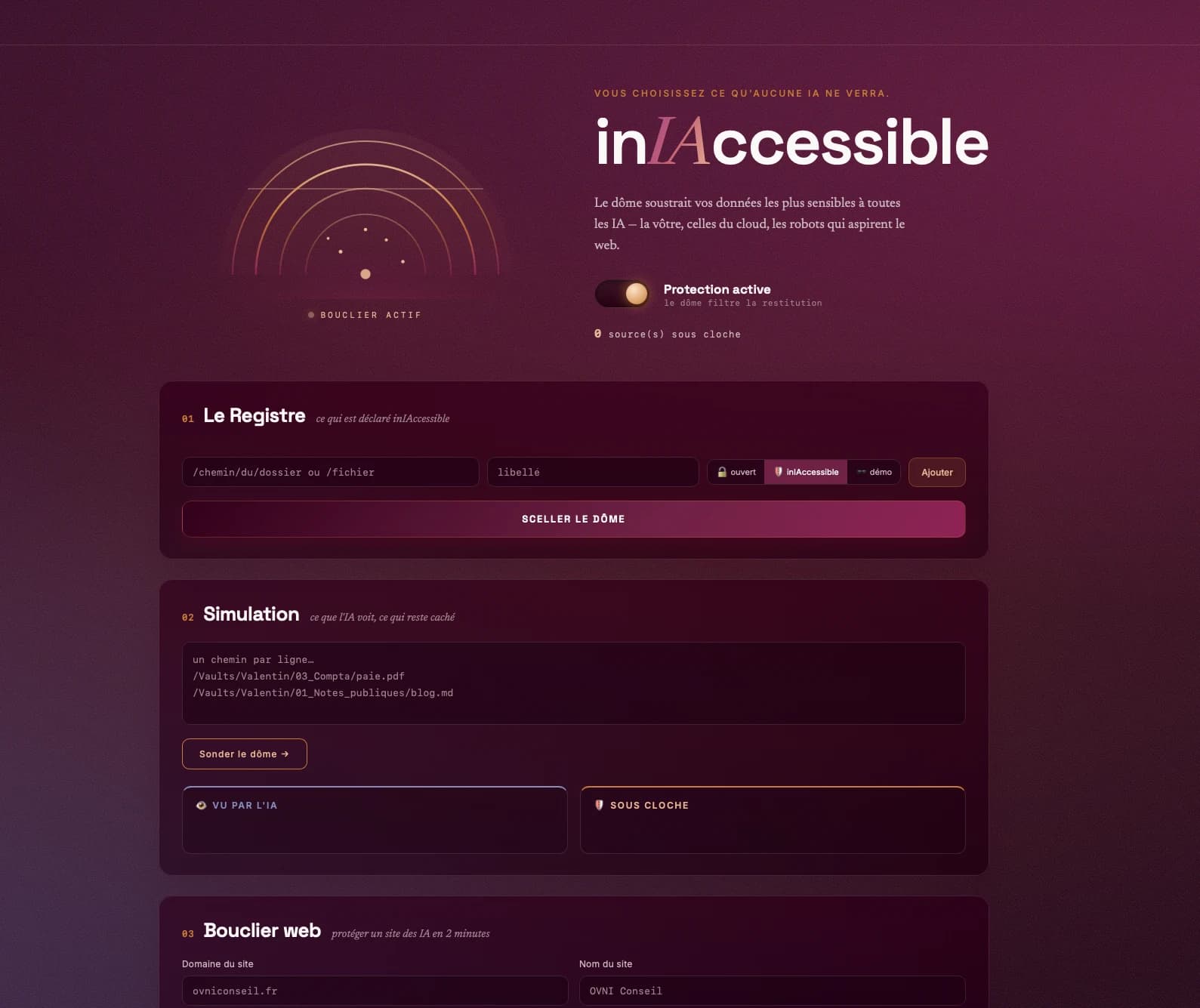 Capture de l’interface inIAccessible : le dôme « Bouclier actif », l’interrupteur « Protection active », puis les modules Le Registre, Simulation et Bouclier web.
